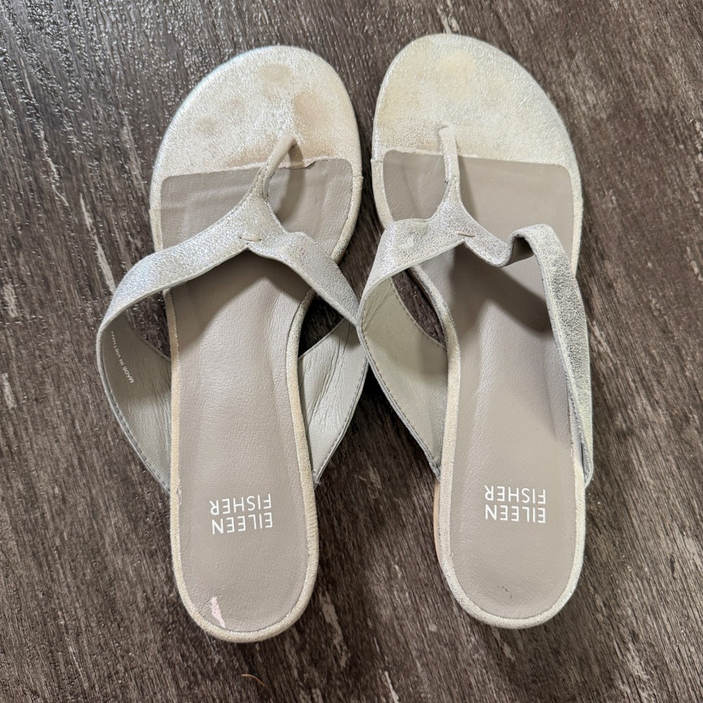 Eileen Fisher Metallic Silver Leather Wedge Flip Flop Sandals Women Size 8 - Picture 3 of 8